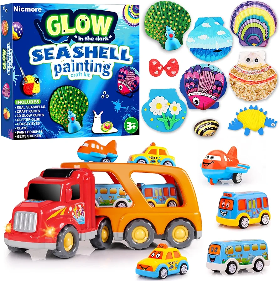 Toddler Toys Car for Boys: Kids Toys for 2 3 4 Year Old Boys Girls | Carrier Toy Trucks Bundle with Sea Shell Art and Crafts Painting Kits