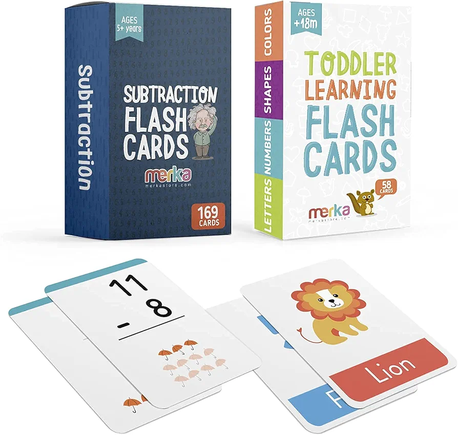 merka Educational Flashcards: Letters, Numbers, Shapes & Colors (Set of 58 Cards) and Subtraction Facts 0 to 12 (Set of 169 Cards) – Learning Toys/Games for Toddlers, Preschool, Kindergarten and Beyon