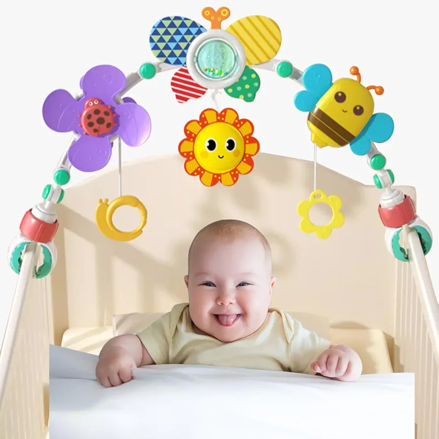 Baby Hanging Stroller Play Arch Toy, Crib Accessory and Car Seat Activity Mobile Adjustable Arch Toys with Animals, Travel Sensory Crib Toy for Babies Boys and Girls(Bee)