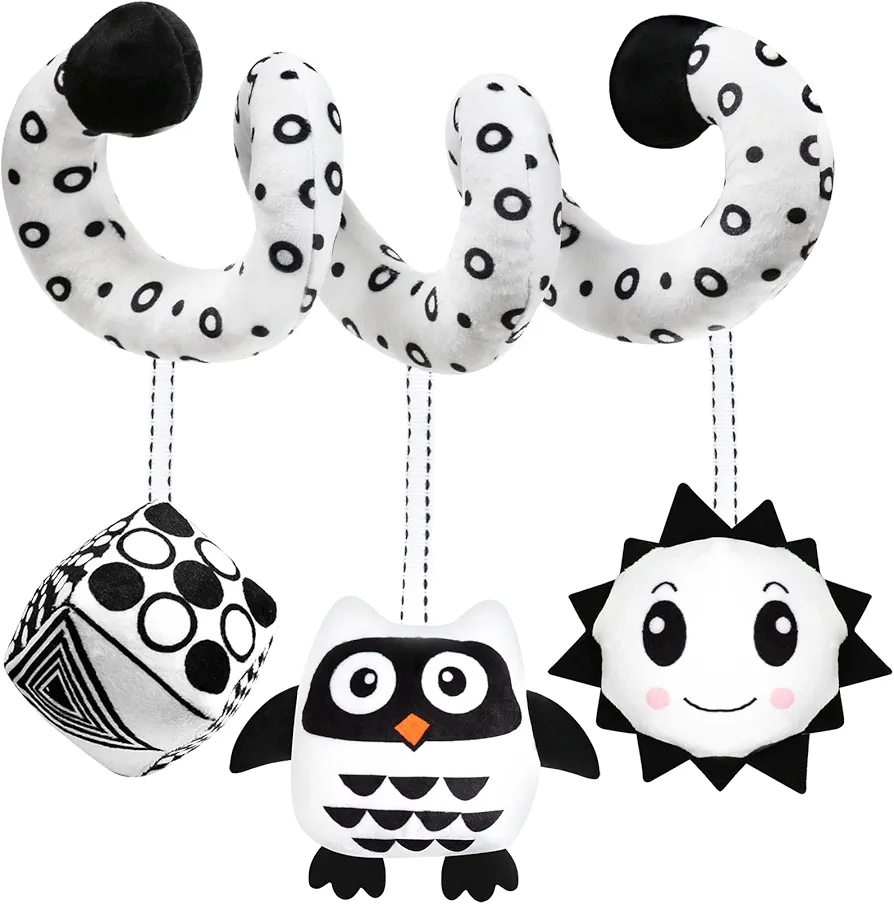 Baby Spiral Hanging Stroller and Car Seat Toys Black and White High Contrast Sensory Toy Newborn Plush Activity Toys Thank You Gifts for 0 3 6 9 12 Months Girls Boys-OWL