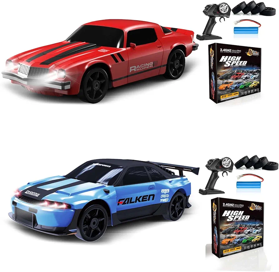 2PCS RC Drift Car 1:24 Remote Control Car 4WD 15KM/H High Speed Racing Sport Car with LED Lights RC Cars Toy Cars for Kids Boys Girls Adults Gifts Birthday Christmas Rechargeable Batteries