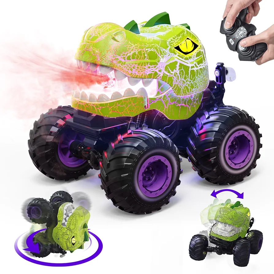 Dinosaur Remote Control Car, 360° Rotating RC Stunt Car Dinosaur Monster Truck Toys with Spray, Light & Sound, 2.4GHz All Terrain RC Cars for Boys Age 4-7, Birthday Gifts for Kids 3-5 6 7 8-12