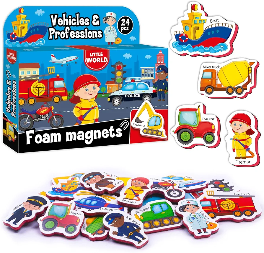 34 Foam Fridge Magnets for Toddlers 1-3 - Toddler Magnets for Refrigerator Ages 2-4 - Baby Magnets for Refrigerator 1 Year Old - Toy Magnetic Vehicles for Toddlers - Child Safe Magnets