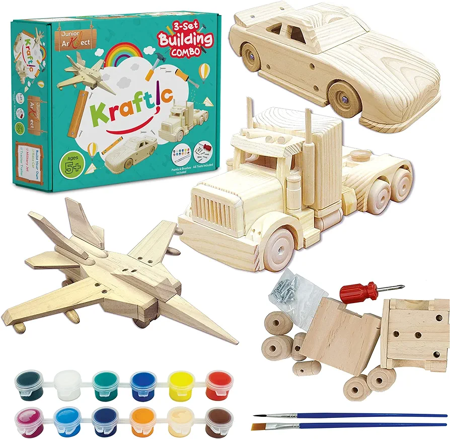 Kraftic Woodworking Building Kit for Kids and Adults, 3 Educational DIY Carpentry Construction Wood Model Kit Toy Projects for Boys and Girls - Build a Wooden Military Jet Race Car and Tractor Trailer