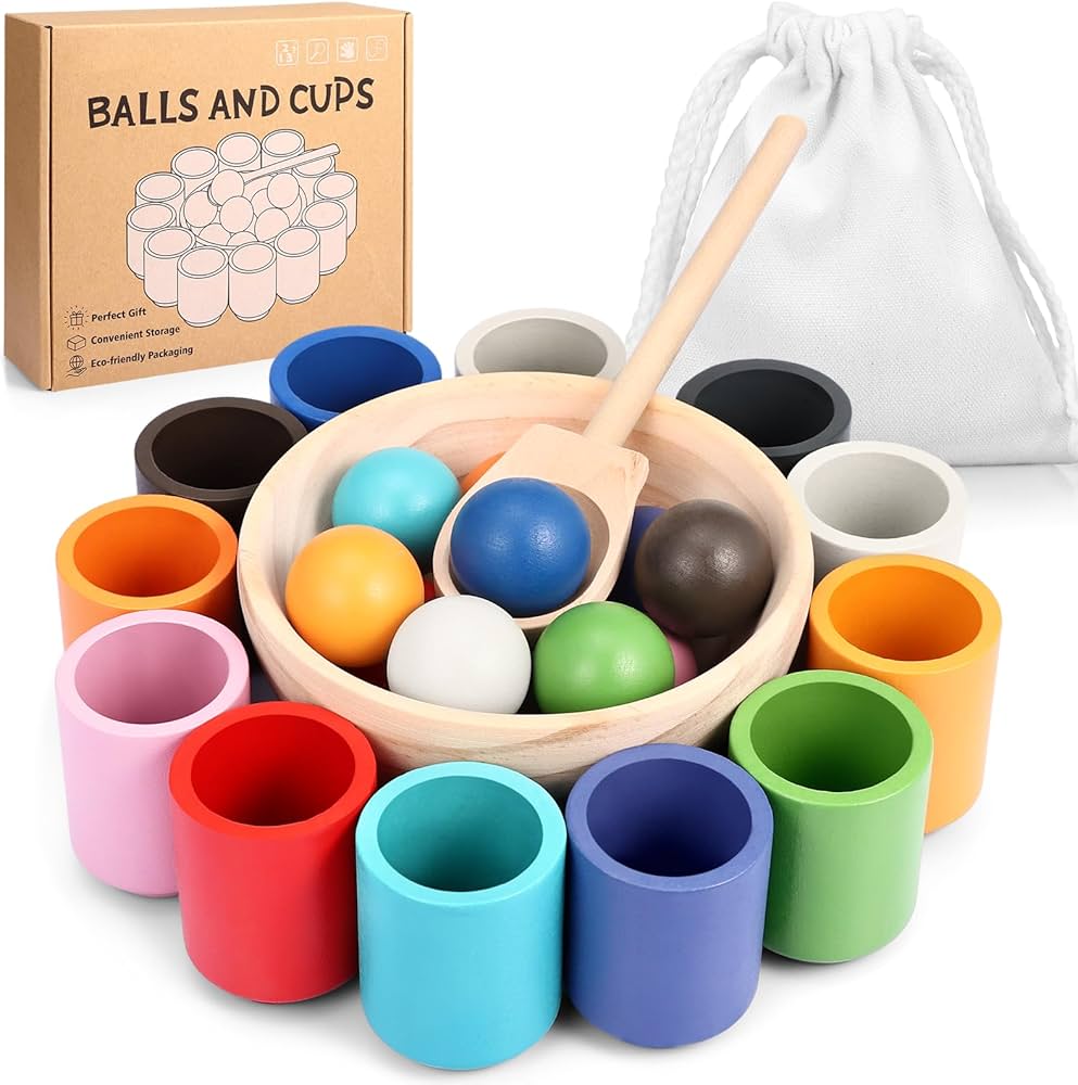 Draupnir 12 Rainbow Colored Montessori Large Balls in Cups,Wooden Toddler Montessori Color Sorting Toys for 1+ Year Old Kids,Matching and Counting Toy