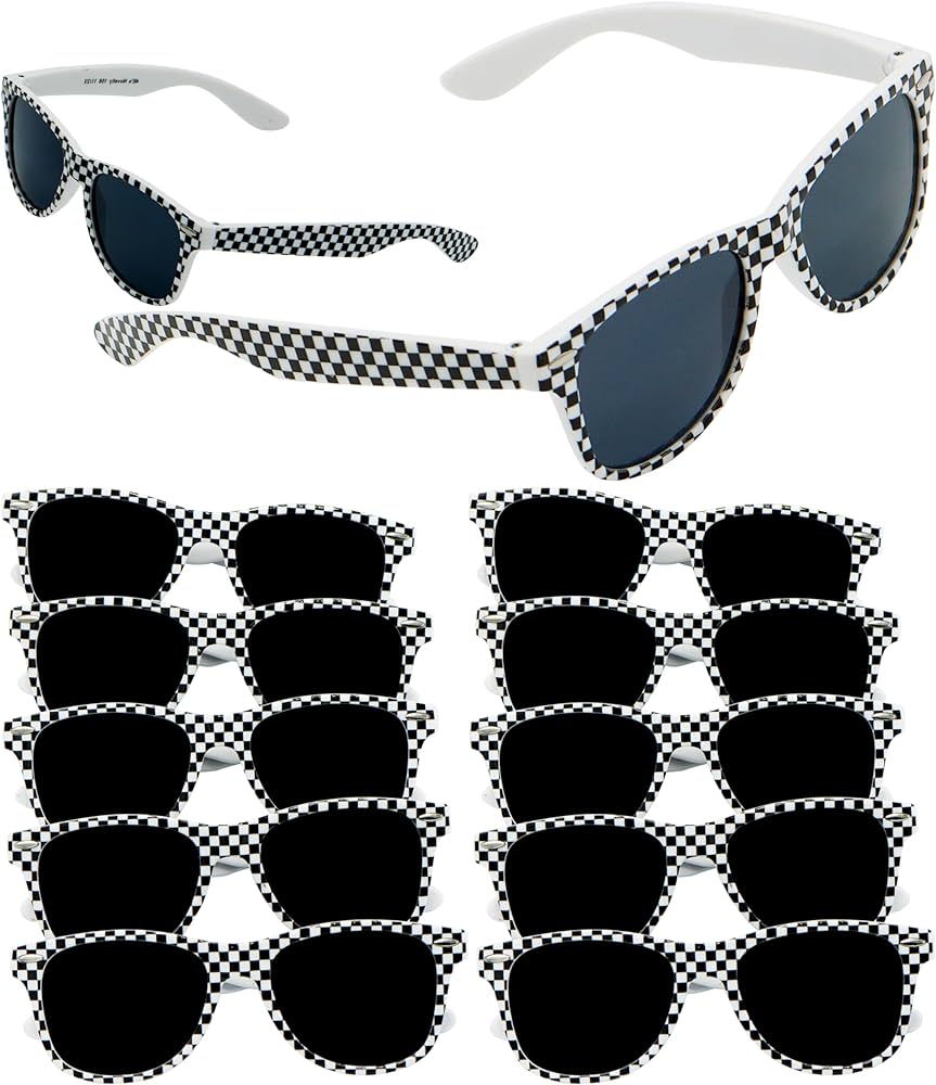 4E's Novelty Race Car Checkered Sunglasses for Kids Bulk 6 Pack with UV400 Protection, Racecar Party Favor Supplies, Summer Pool Beach Accessories, Racing Theme Birthday Gifts