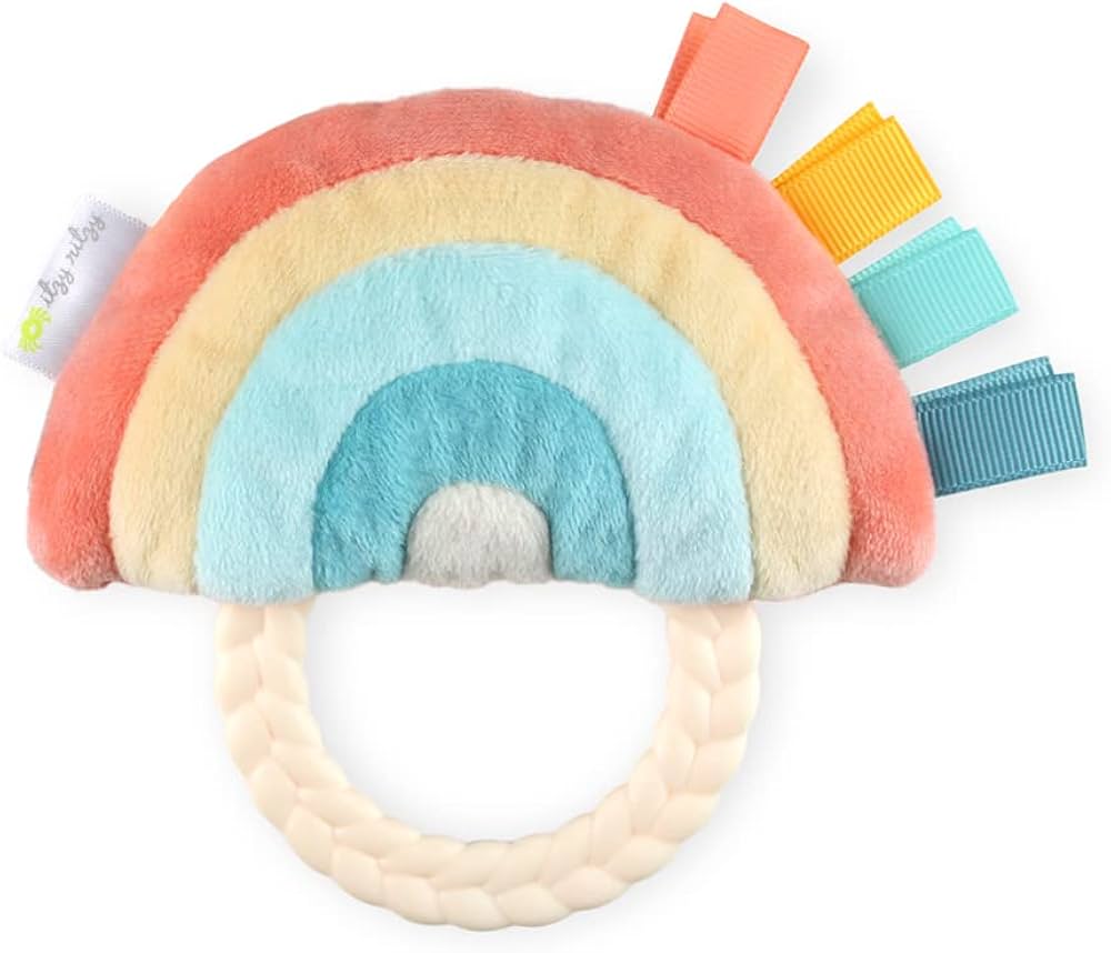 Itzy Ritzy - Ritzy Rattle Pal with Teether - Baby Teething Toy Features A Minky Plush Character, Gentle Rattle Sound & Soft Teether Toy for Newborn (Rainbow)