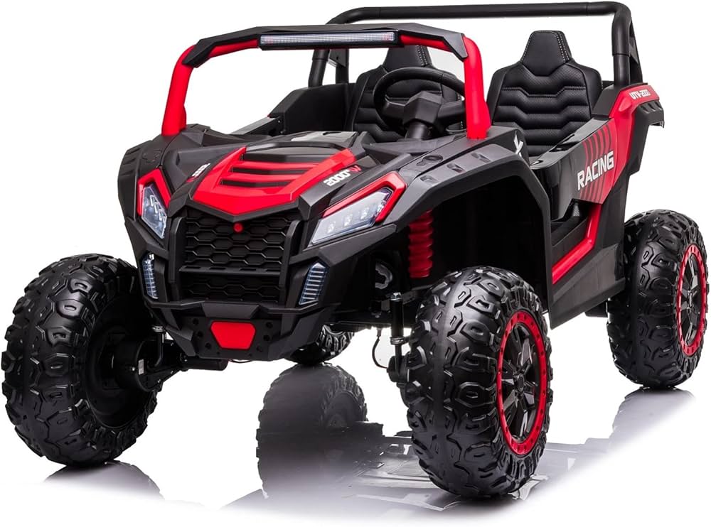 POSTACK 24V Side by Side 2 Seater Ride On Electric Vehicle Car with Parents Remote Control for Kids 4 Wheels Drive Battery Powered UTV Truck Car for Girls Boys with EVA Rubber Compound Tires, Red