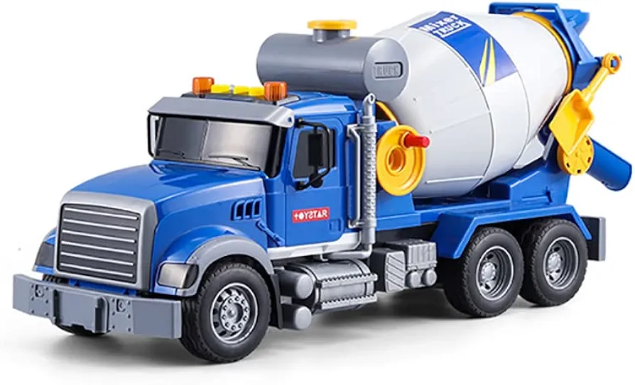 haomsj Big Cement Mixer Toy Truck with Lights Sounds and Working Parts, Friction Powered Push & Go Construction Vehicles for Toddlers Boys and Girls (Big Mixer Car)