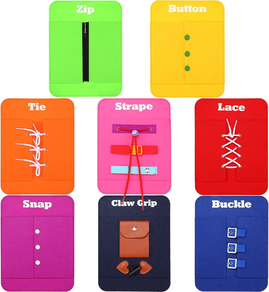 8 Pieces Early Learning Toys Toddlers Learn to Dress Practice Boards Basic Life Skills Busy Board Includes Zip, Snap, Button, Buckle, Lace and Tie for Preschool Education Classroom Supplies Activity