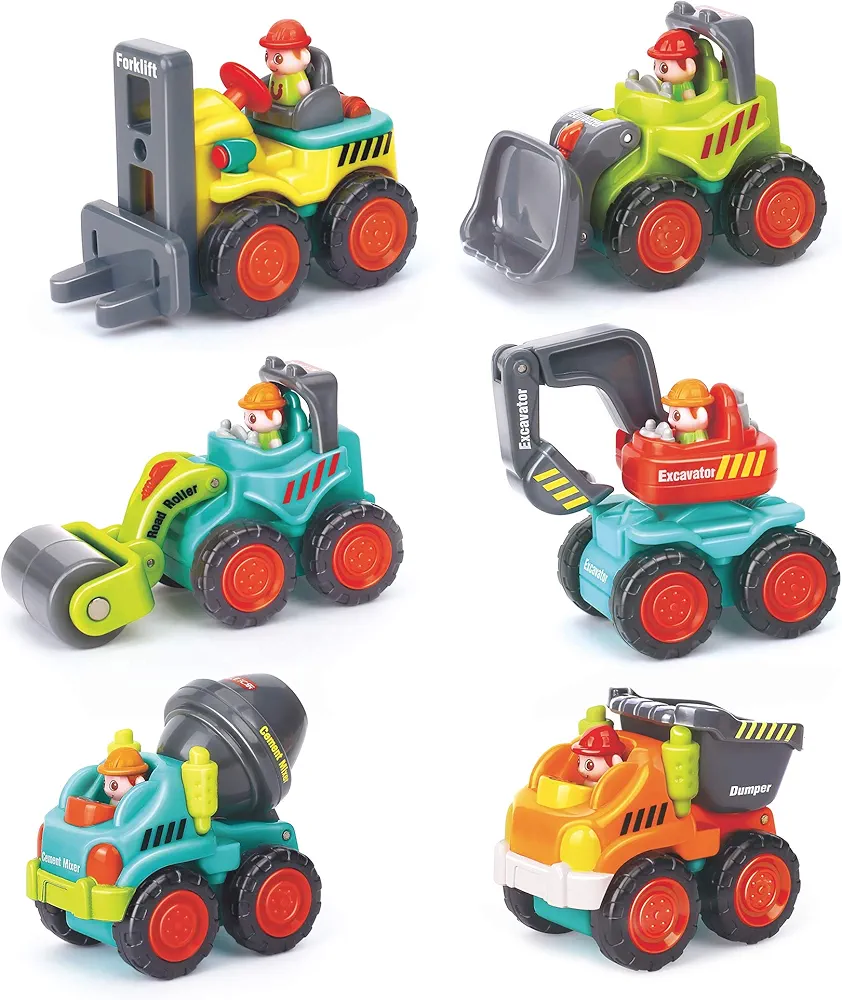 6 Pieces Construction Vehicles Toy Trucks Set - Bulldozer, Cement Mixer, Dumper, Forklift, Excavator and Road Roller for Your Little Contractor - Push and Go Sliding Toys for Toddlers 18m+