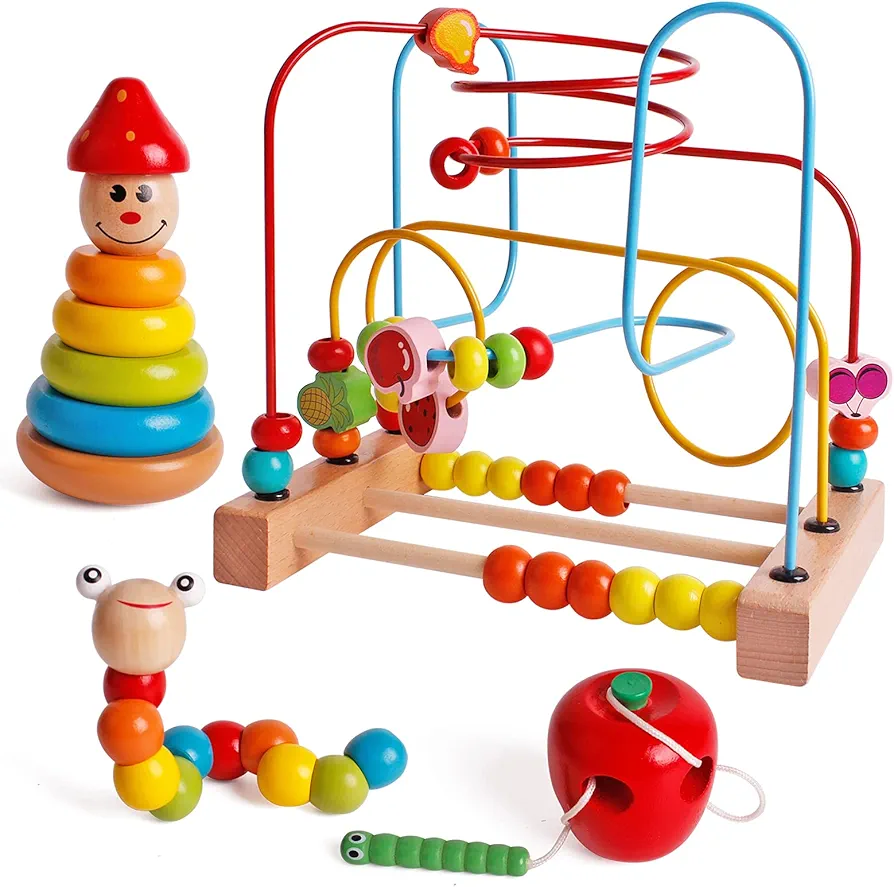 SHIERDU Four-in-one Early Education Set Bead Maze Toy for Toddlers Montessori Activity Caterpillars Eat Apple Wooden Rainbow Stacker Twisting Caterpillar Toddler Activity Center Portable Travel Toys