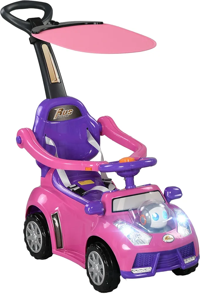 Qaba Push Car for 1-3 Years, 3 in 1 Ride on Sliding Car, Foot to Floor Baby Push Car with Removable Handle, Music, Horn, Canopy, Safety Guardrail, for Boys and Girls, Pink