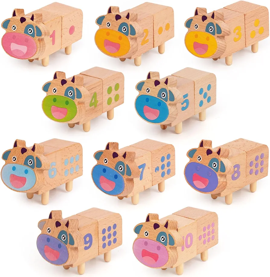 20 Pcs Number Matching Learning Toy Wooden Counting Cows Toy for Toddler Preschool Math Toys Numbers Match Games Color Sorting - Stacking Fine Motor Skills Toys Montessori Numbers Toys