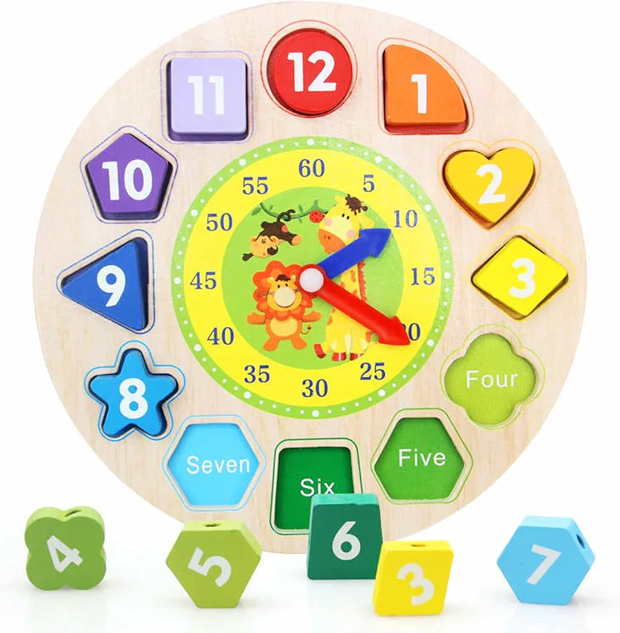 Wooden Clock with Lacing String & Shapes - Educational Learning Toys for 3 Year Olds & Up - Wooden Counting & Shape Sorting Toys for Toddlers - Donate to Children's Hospital