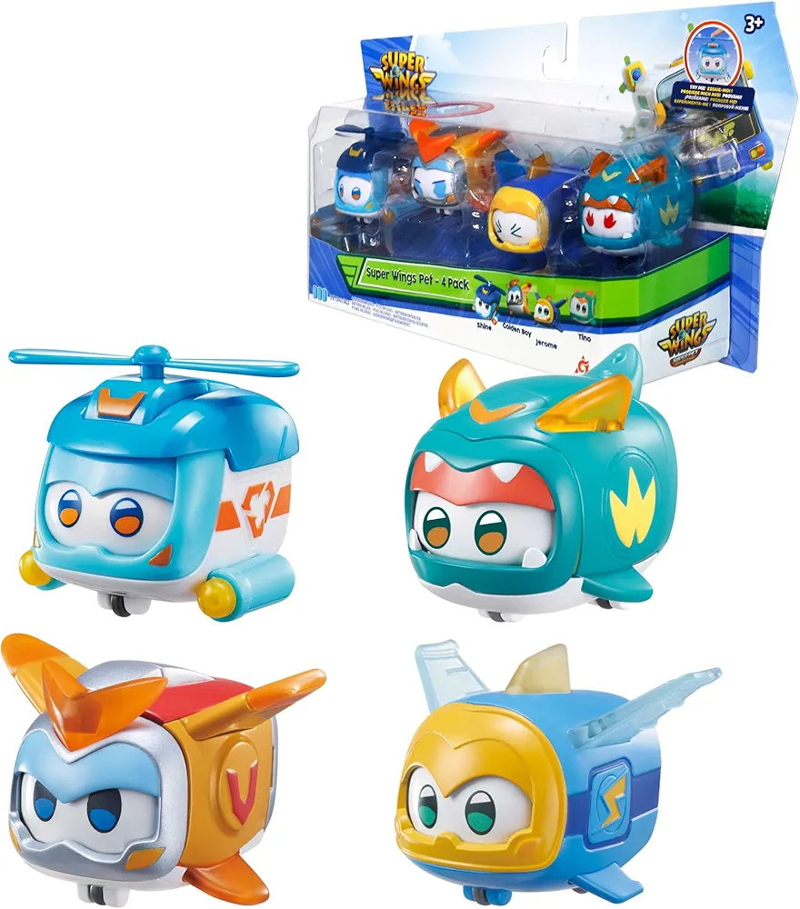 Super Wings Super Pets 4-Pack Collection Super Pets Jerome, Golden Boy, Shine, Tino, Vehicle Action Figure, with Light Effect and Switch Emotion Expressions, Gifts for Kids Aged 3 and Up