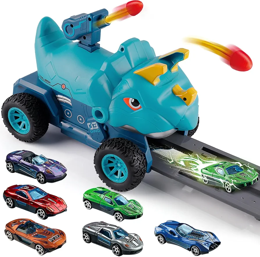 Dinosaur Truck Toys for 2 3 4 5 Year Old Boy with 6 Die-Cast Metal Toy Cars, Gifts for 2 3 4 5 Year Old Boys, Foldable Track & Missile Launcher, Birthday Gift Idea for Toys for Ages 2-4