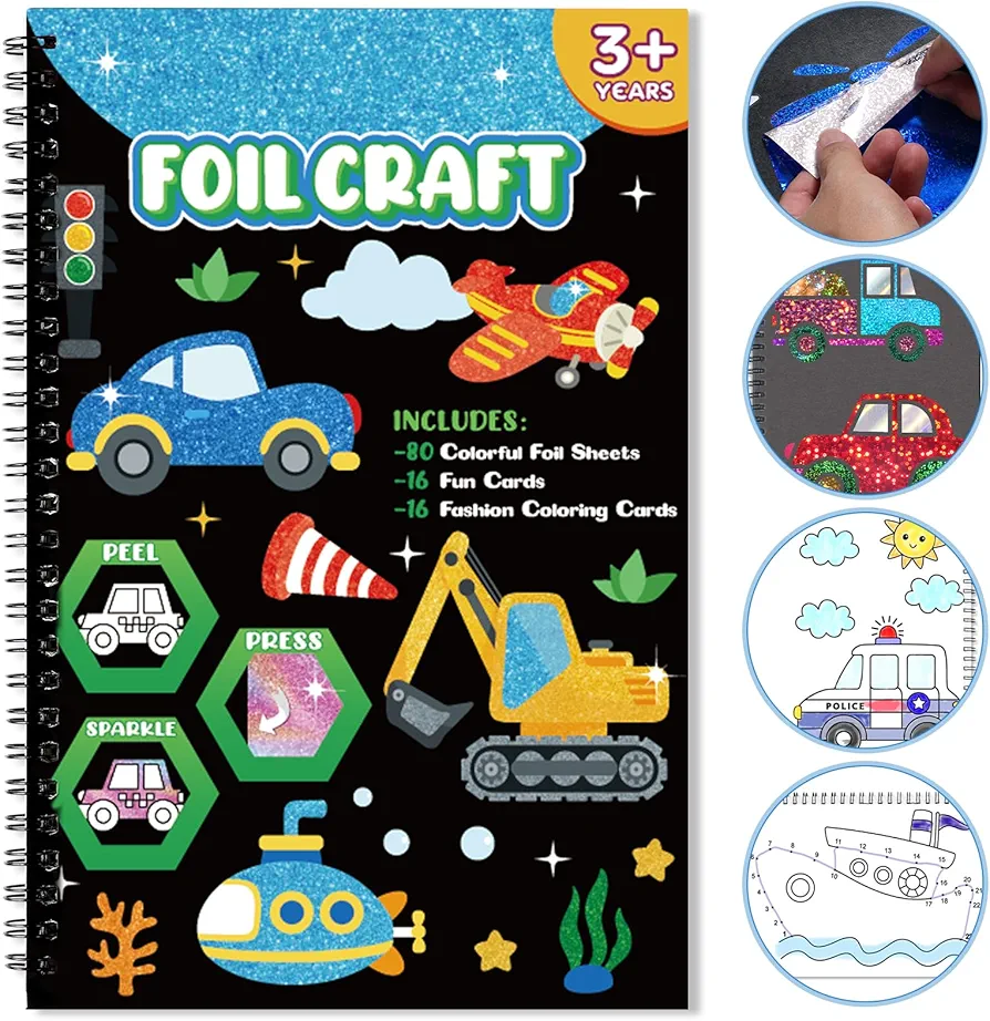 Art & Craft Activity,Foil Fun Traffic Car DIY Art Kits,No Mess Creative Foil Art Kits Set Drawing Game for Kids,Birthday Gifts Crafts Supplies Kits Travel Toys for Girls Boys Ages 4 5 6 7 8 9 Year Old