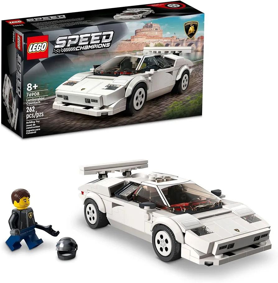 Lego Speed Champions Lamborghini Countach 76908, Race Car Toy Model Replica, Collectible Building Set with Racing Driver Minifigure