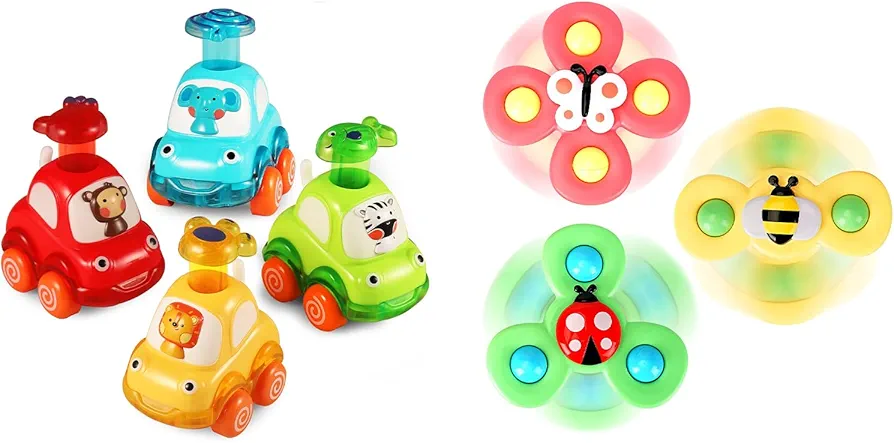 ALASOU 3 PCS Suction Cup Spinner Toys and 4 PCS Animal Car Toys for Infant and Toddlers