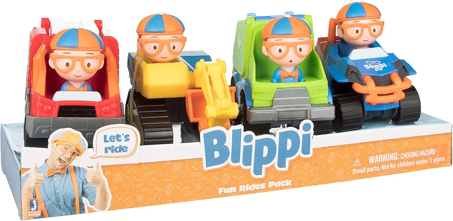 Blippi 3" Construction Vehicles 4-Pack Toy Playset (Ages 3+) Includes Excavator, Mobile, Fire Engine Truck & Garbage Truck - Officially Licensed - Gift for Kids, Boys & Girls