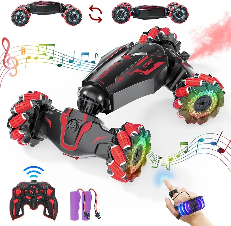 SALATI Gesture Sensing RC Stunt Car Toys for 6-12 Boys Girls, 4WD Remote Control Car with Light & Music & Spray, 2.4Ghz Hand Controlled RC Car for Boys & Girls Birthday, Red