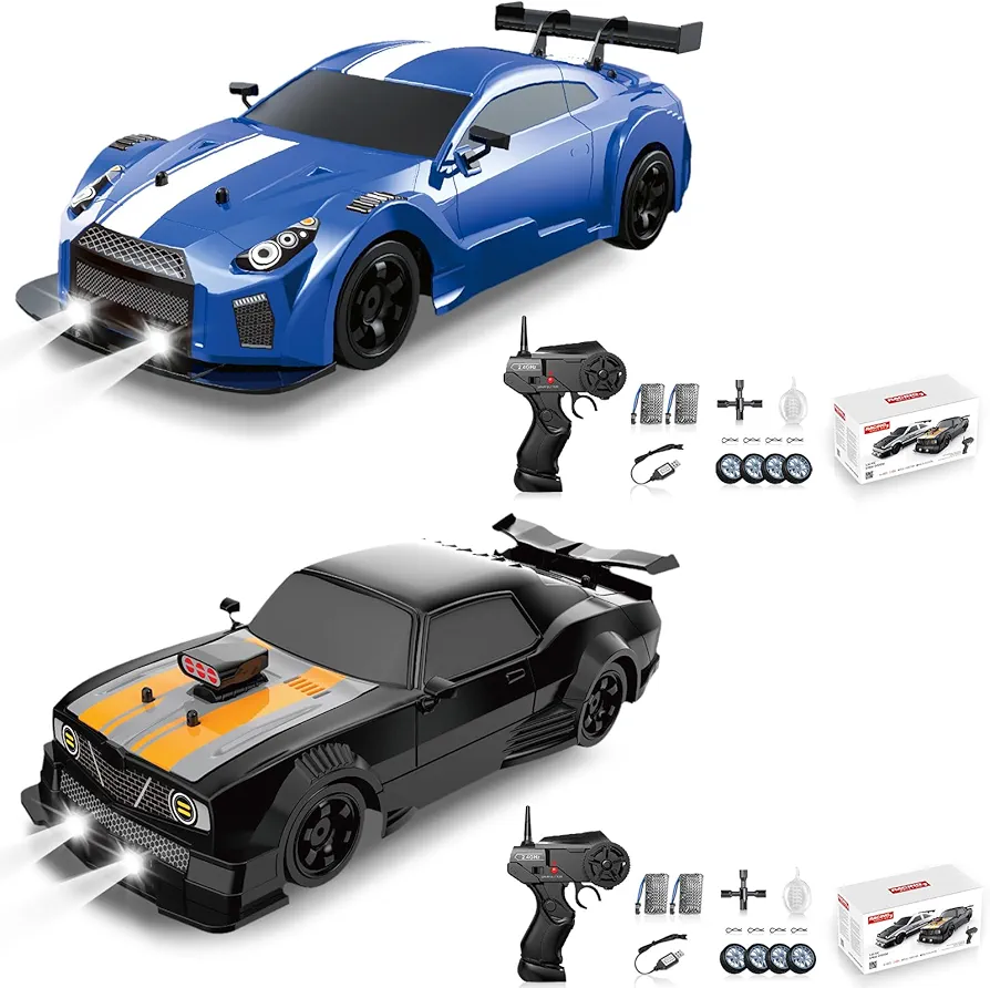 2PCS RC Drift Cars 2.4GHz 1:16 Scale 4WD High Speed Remote Control Cars with LED Lights Two Batteries and Drifting Tires Racing Sport Toy Cars for Adults Boys Girls Kids Gift