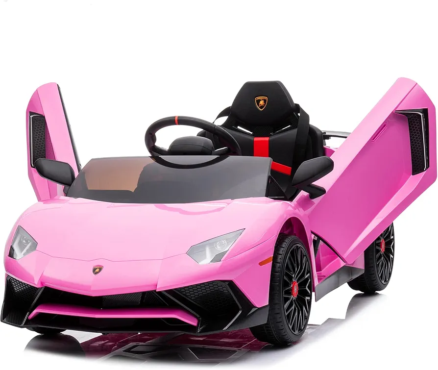 Kidzone Kids Electric Ride On 12V Licensed Lamborghini Aventador Battery Powered Sports Car Toy with 2 Speeds, Parent Control, Sound System, LED Headlights & Hydraulic Doors - Pink