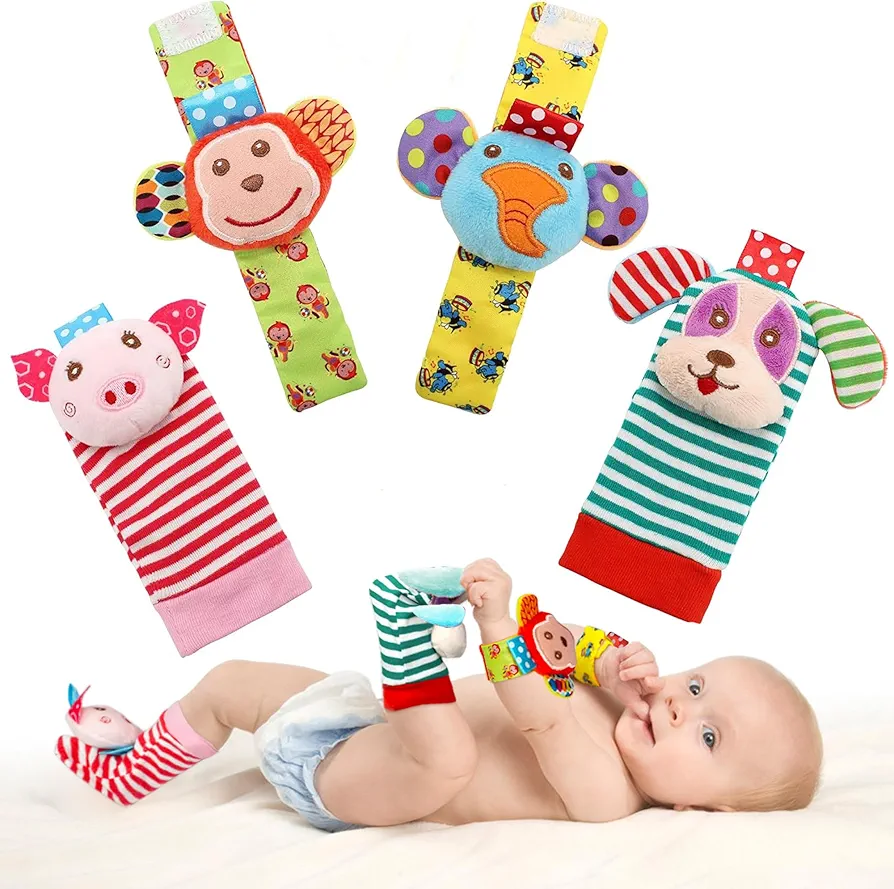 SSK Soft Baby Wrist Rattle Foot Finder Socks Set,Cotton and Plush Stuffed Infant Toys,Birthday Holiday Birth Present for Newborn Boy Girl 0/3/4/6/7/8/9/12/18 Months Kids Toddler,4 Cute Animals