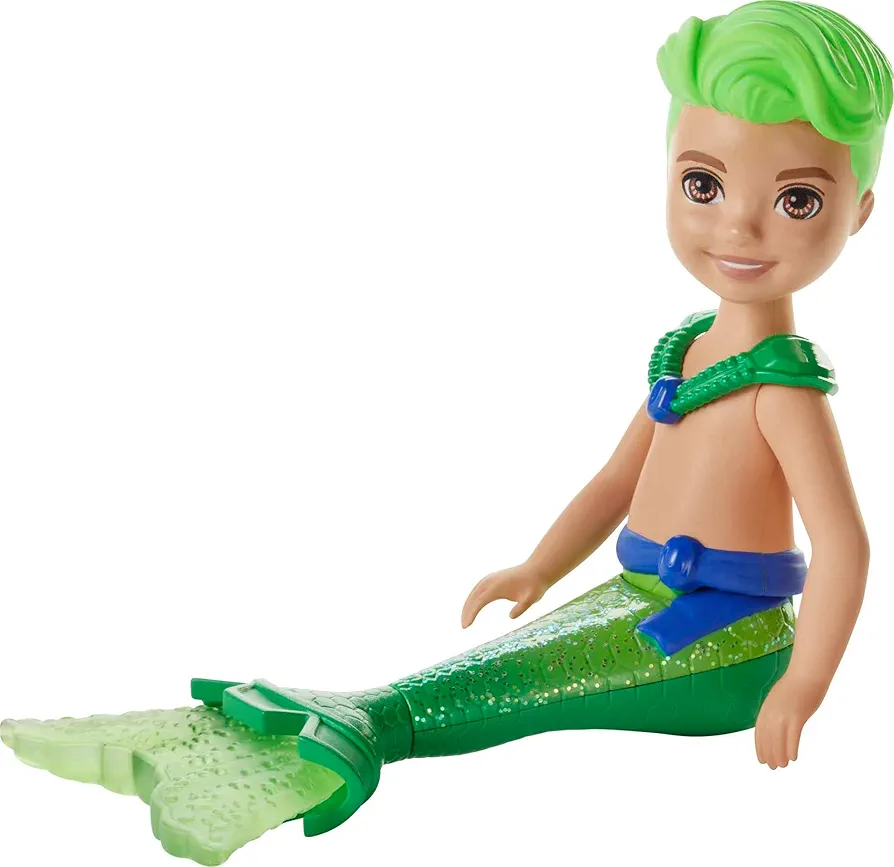 Barbie Dreamtopia Chelsea Merboy Doll with Green Hair & Tail, Accessory, Small Doll Bends at Waist