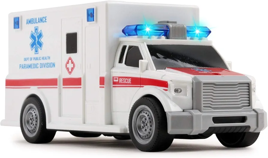 Rescue Ambulance Friction Powered 1:20 Scale Toy Car with Lights and Sounds Durable Kids Medical Transport Emergency Vehicle Push and Go Pretend Play Van Great Gift for Children Boys Girls