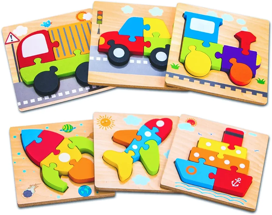 SKYFIELD Wooden Vehicle Puzzles for 1 2 3 Years Old Boys Girls, Toddler Educational Developmental Toys Gift with 6 Vehicle Baby Montessori Color Shapes Learning Puzzles, Great Gift Ideas