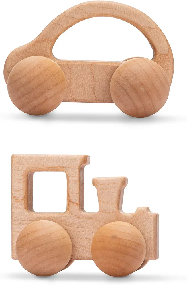 Promise Babe Wooden Rattle Push Car Toys Set Infant Wooden rattles Interesting Toys 2 Pc Baby Vehicle Toys Hand Push Cars Montessori Natural Wood Toys for Newborn Best Gift