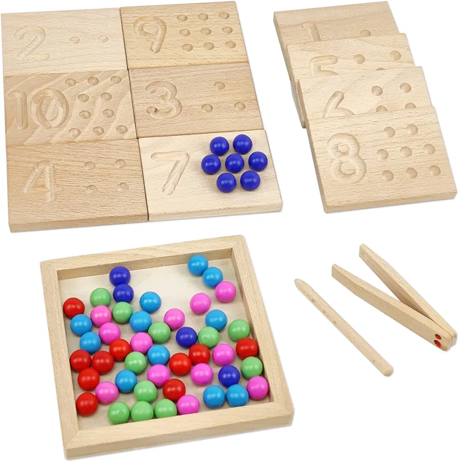 Wooden Number Tracing Board Set, Toddler Montessori Math Beads Counting Toy, Preschool Learning and Educational Math Game for Kids