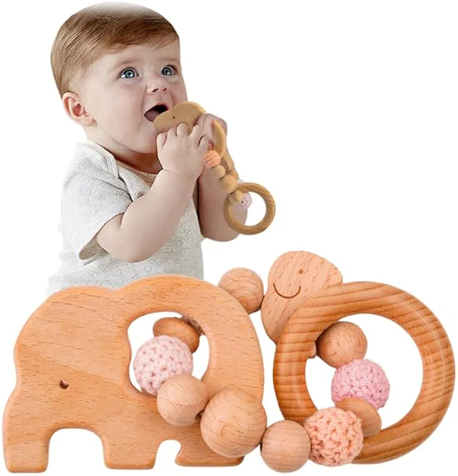 27pcs Natural Beech Wooden Teething Toy Set (2-Pack) for 0-6 Month Infants: Rattle, Ring & Montessori Car Seat Toy - Ideal Newborn Soothing Gift (Pink)