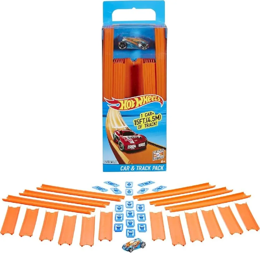 Hot Wheels Toy Car Track Set, Straight Track Set with 37 Component Building Parts & 1:64 Scale Vehicle (Amazon Exclusive)