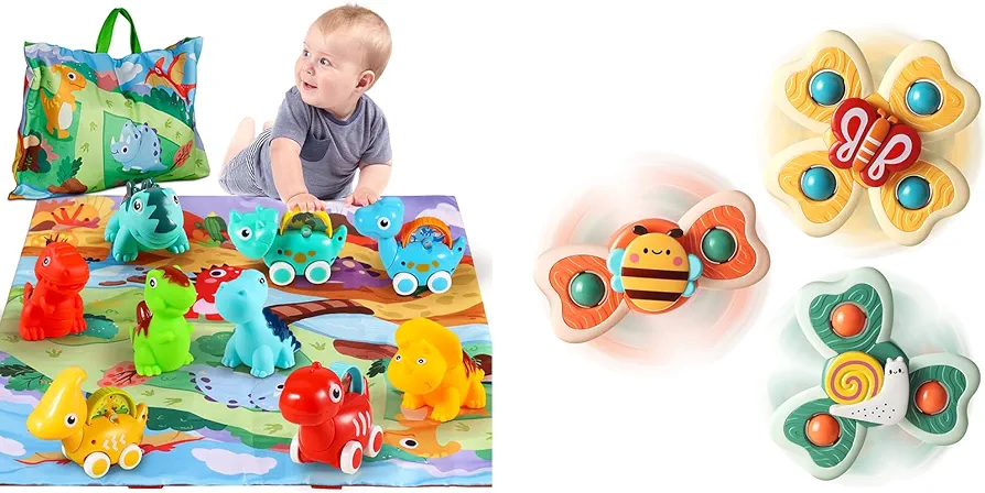 ALASOU 9 PCS Dinosaur Car Toys with Playmat and 3 PCS Suction Cup Spinner Toys for Infant and Toddlers