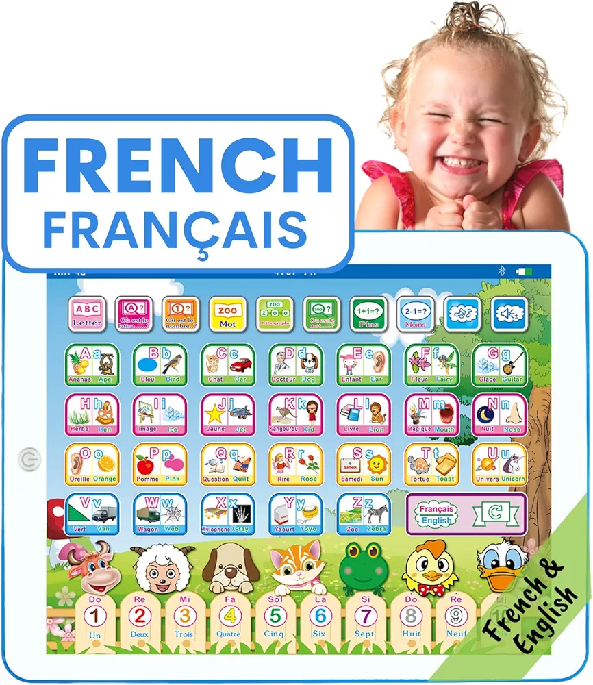 French & English Learning Tablet Toy for Kids 2 3 4 Years Old, Learn French Francais Alphabet Numbers Words Spelling, Interactive Bilingual Tablet Toys for Toddlers Babies