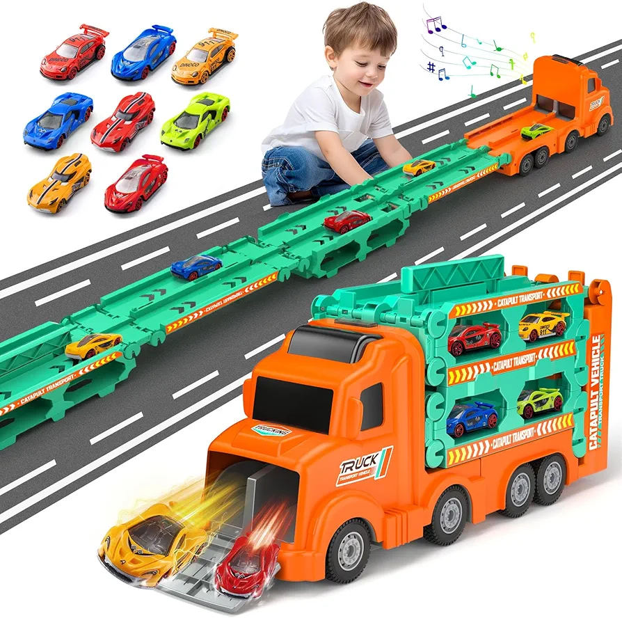 Carrier Truck Race Track Toddlers Toys, Foldable 3 Layer Car Race Track Playset, Toy Truck Transport Car Carrier & 8 Race Cars, Truck Car Kids Toys Xmas Gifts for Age 3 4 5 6+ Years Old Boys Girls