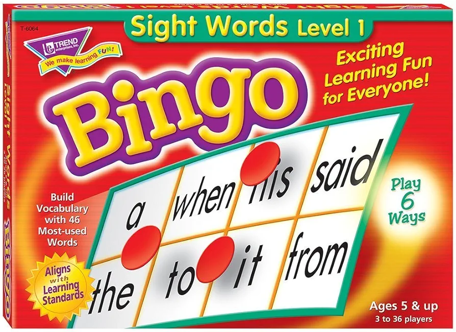 TREND ENTERPRISES: Sight Words Level 1 Bingo Game, Exciting Way for Everyone to Learn, Play 6 Different Ways, Great for Classrooms and at Home, 3 to 36 Players, for Ages 5 and Up