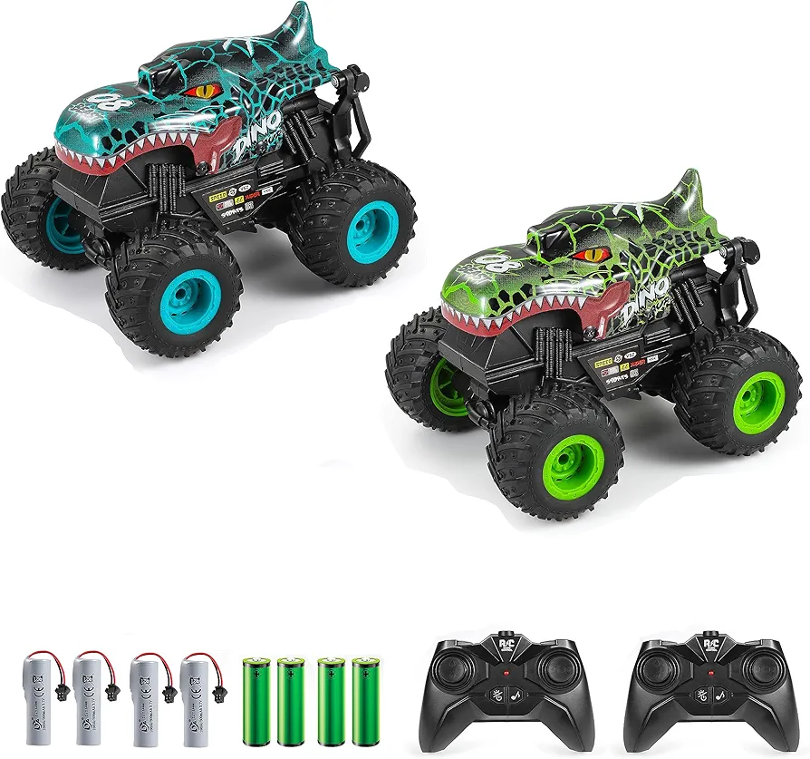 2 Pack RC Monster Truck, 2.4Ghz High Speed Remote Control Car, All Terrain RC Truck with Light&Music&360°Stunt, RC Dinosaur Car with 2 Rechargeable Batteries, Toy Gifts for Boys and Girls