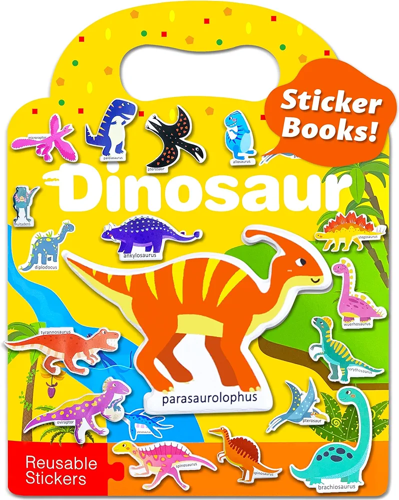 Benresive Puffy Reusable Sticker Books for Toddlers 2-4 Year, Fun Sticker Books for Toddlers 1-3, Toddler Sticker Book Age 2-4, 30 Pcs Cute Waterproof Stickers for Teens Boys - Dinosaur Sticker Book