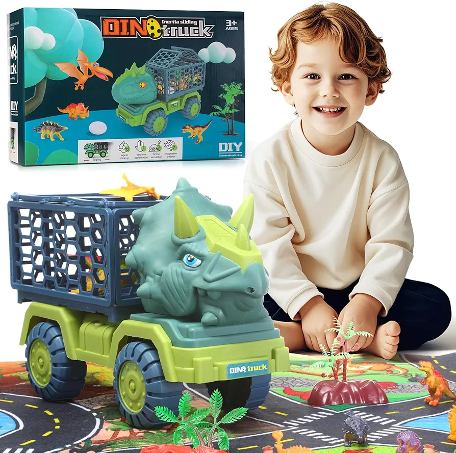 Suitable dinosaur truck toys for children 3-5 years old, triangle dragon car toy, 15 dinosaur characters, large scale event game pads, dinosaur eggs, boys and girls' dinosaur gift toy sets, children's