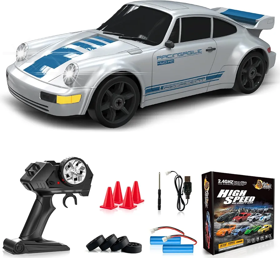 Remote Control Car RC Drift Car 2.4GHz 1:24 4WD 15KM/H High Speed Racing Sport Car with LED Lights Drifting Tire Racing Sport Toy for Adults Boys Girls Kids Gift 2Pcs Rechargeable Batteries