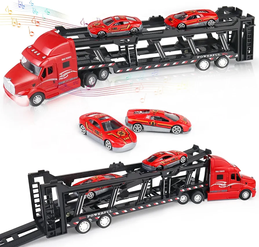 CORPER TOYS Transport Car Carrier Truck Toy Detachable Die-cast Pull Back Play Vehicles Car Set for Kids with Lights and Sounds Sets of 3 Red