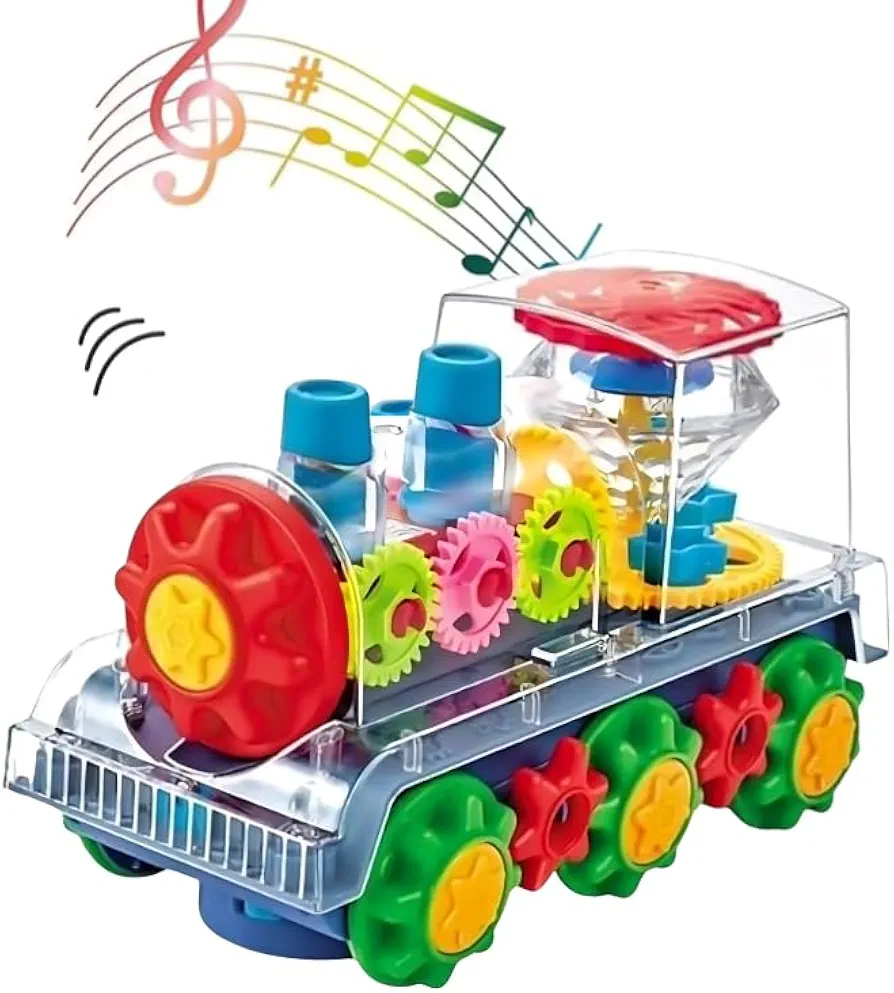 ABK Gear Train Toy, Transparent Electric Kids Gear Train with Flashing Lights, Early Educational Musical Train Set Birthday Gift for Boy and Girl (Train Engine)