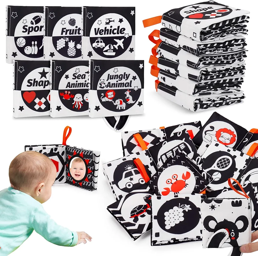 6 PCS High Contrast Soft Baby Books 0-6 Months Black and White Baby Toys for Newborn 0 3 Month Brain Development My First Sensory Cloth Books Crinkle Toys for Infant 6-12 Months with Mirror Baby Gifts