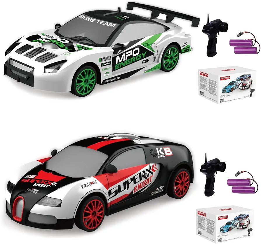 2PCS Remote Control Car RC Drift Car 2.4GHz 1:24 Scale 4WD 15KM/H High Speed Model Vehicle LED Lights Drifting Tire Racing Sport Toy Car for Adult Boy Girl Kid Gift 2Pcs Rechargeable Batterie