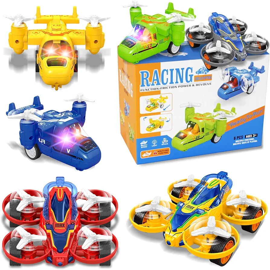 Friction Powered Airplane Drones Car Vehicle Toy 6 PCS with LED Light Helicopters Push and Go Inertia Toys Boys Girls Gifts for Kids Toddler 1 2 3 Years Old