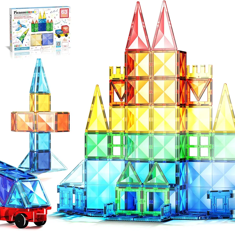 PicassoTiles 63 Piece Magnetic Building Block Construction Toy Set Diamond Magnet Tile Blocks with Car Truck STEM Learning Kit Early Education Builder Playset Toys for Children Toddler Boy Girl Age 3+